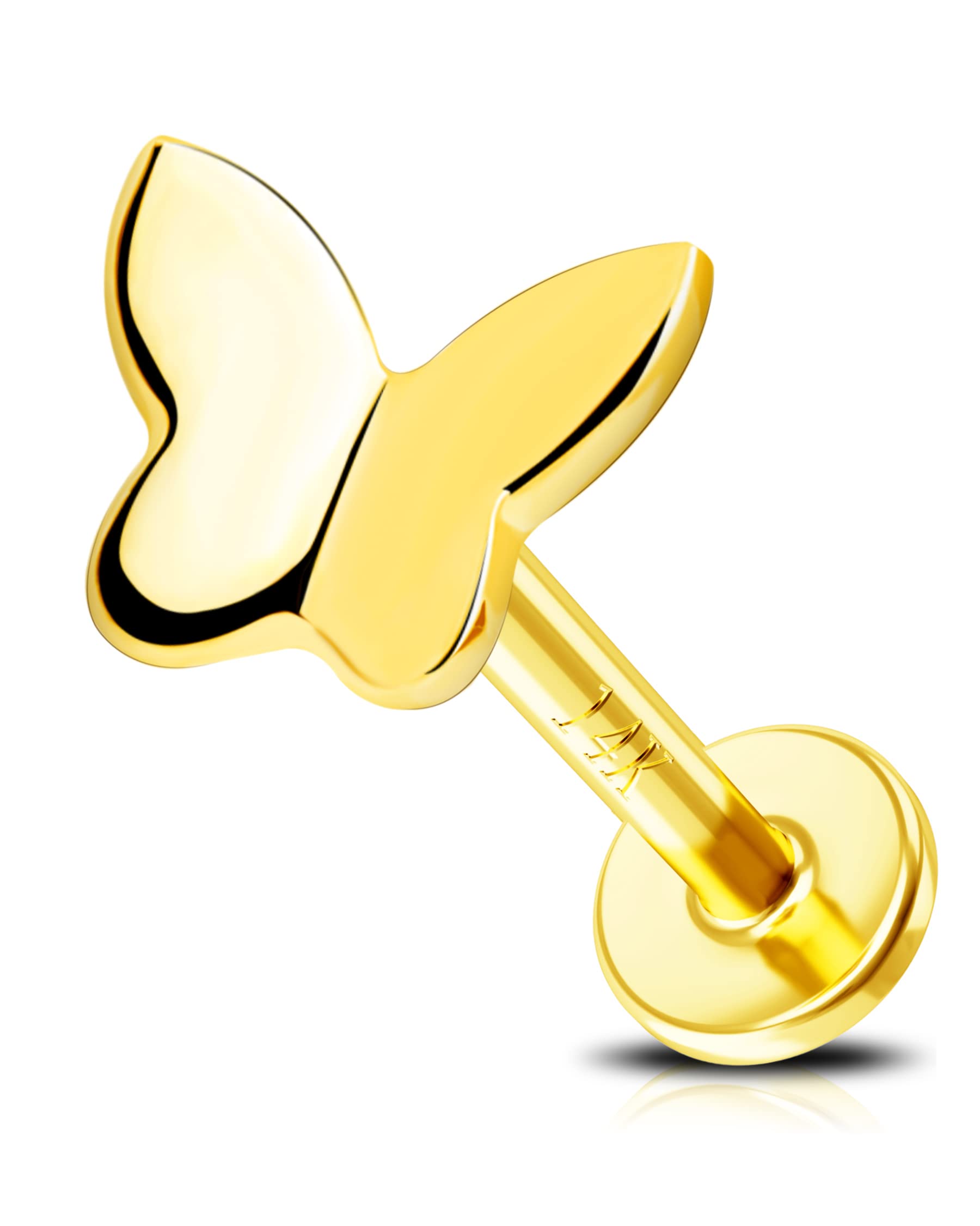 Jewseen 14K Solid Gold 16G Butterfly Nose Studs Threadless Flat Back Studs Helix Jewellery Cartilage Earrings Lip Labret Stud Tragus Stud Minimalist Earrings for Women Men