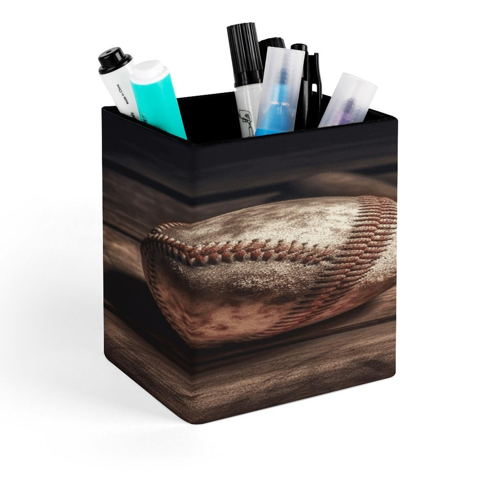 LZQPOEAS Baseball on Wooden Square Pen Pencil Holder PU Leather Pencil Cup Desktop Stationery Organizer Office Accessories Container