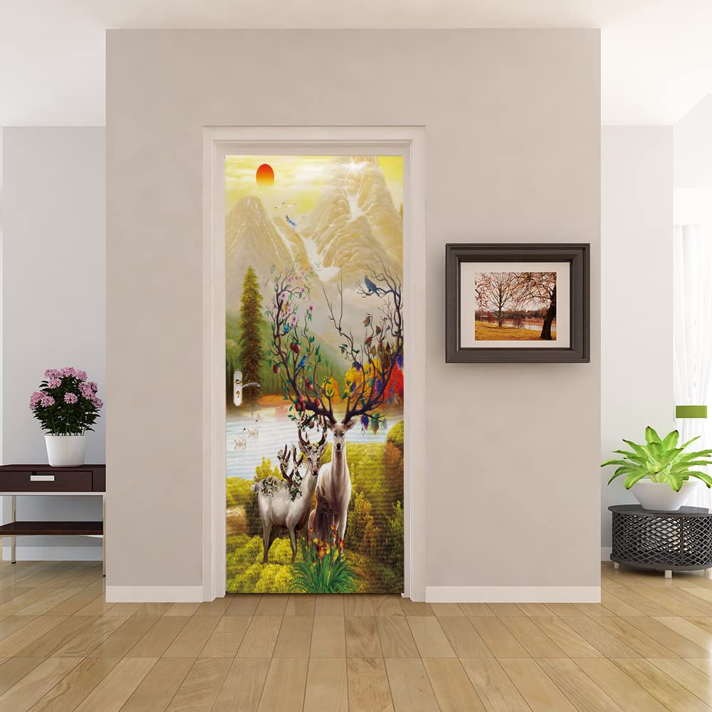 Trompe l'œil Porte pour Agrandir une Pièce | Sticker Cerf 3D 73x205 cm