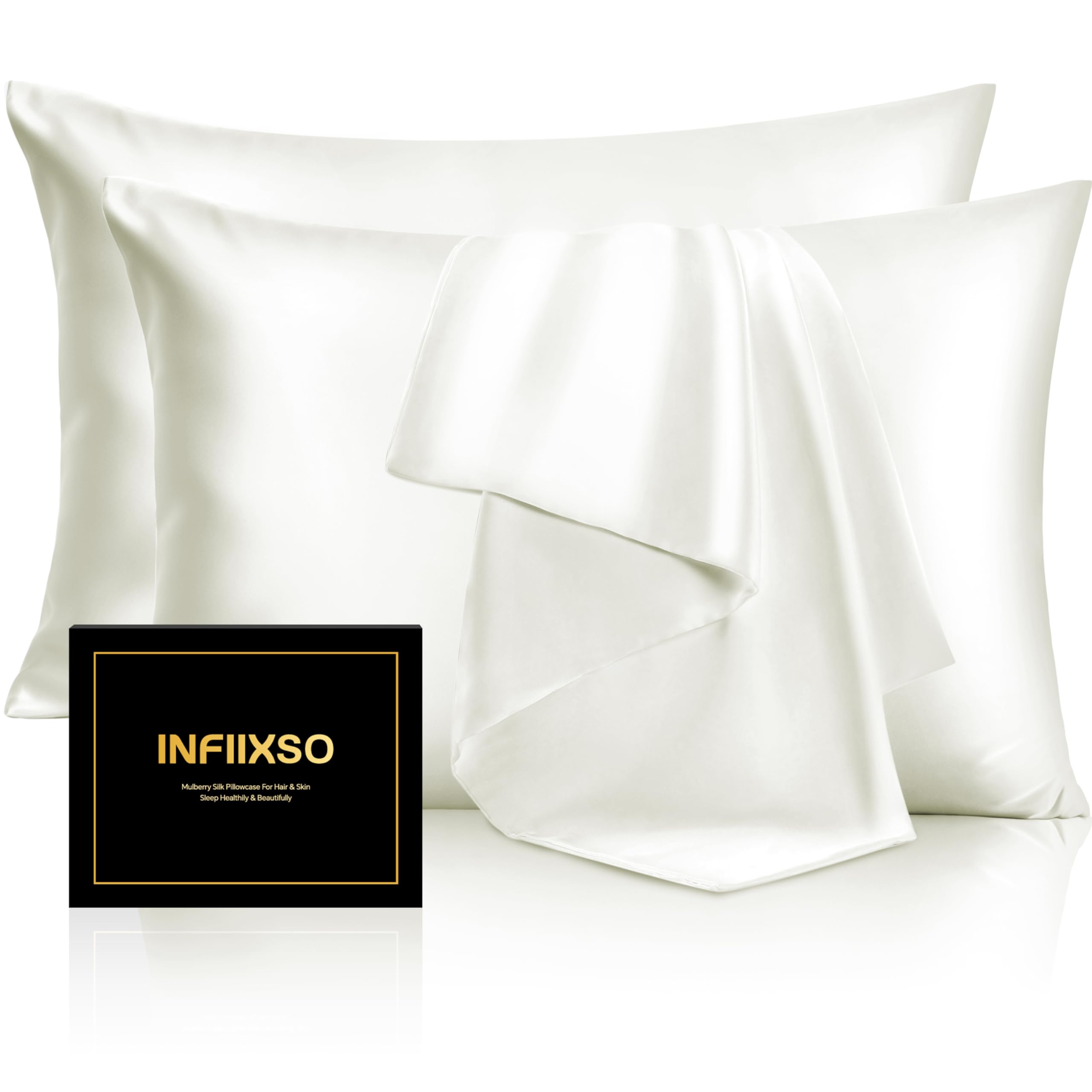 INFIIXSO Silk Pillow Cases 2 Pack Standard Size, Ultra Smooth & Soft Mulberry Silk Pillow Case for Hair and Skin, Breathable Cooling Silk Pillowcase with Hidden Zipper (Cream, 20x26 Inches)
