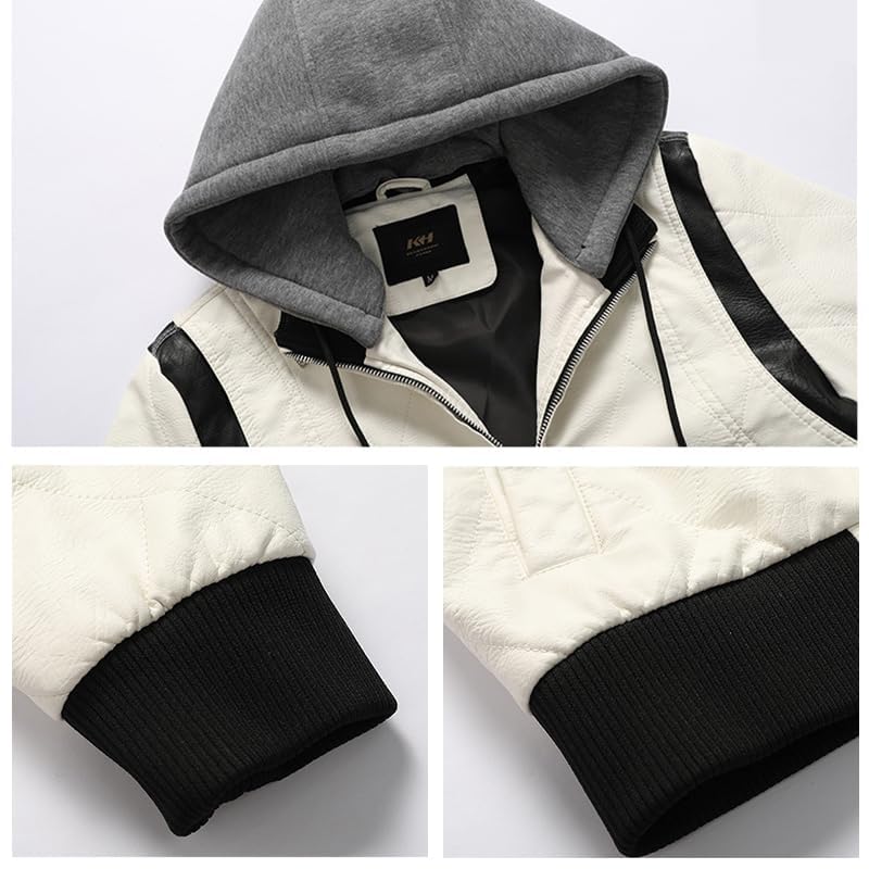 Image of Men's Faux Leather Jacket Zip-Up Winter Motorcycle Jacket Bomer Casual Windproof Coat with Removable Hood