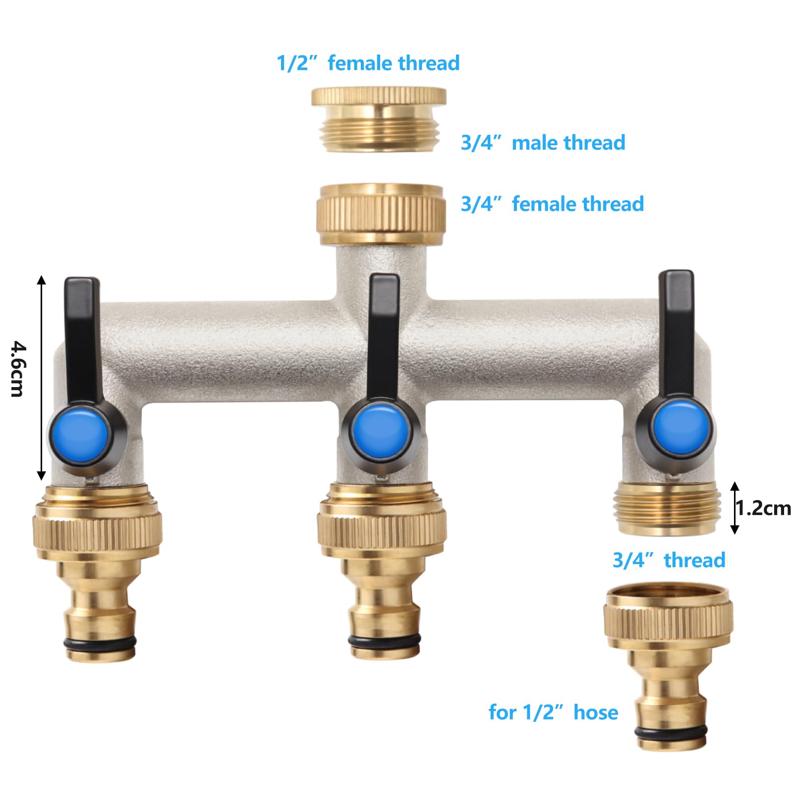 Wasserverteiler 3 Wege, Messing Wasseranschluss verteiler, Verlängerter Griff 3/4 Zoll Adapter mit 3 Stück 3/4 Zoll auf 1/2 Zoll Hahnanschluss für Haus, Hof/Waschmaschine