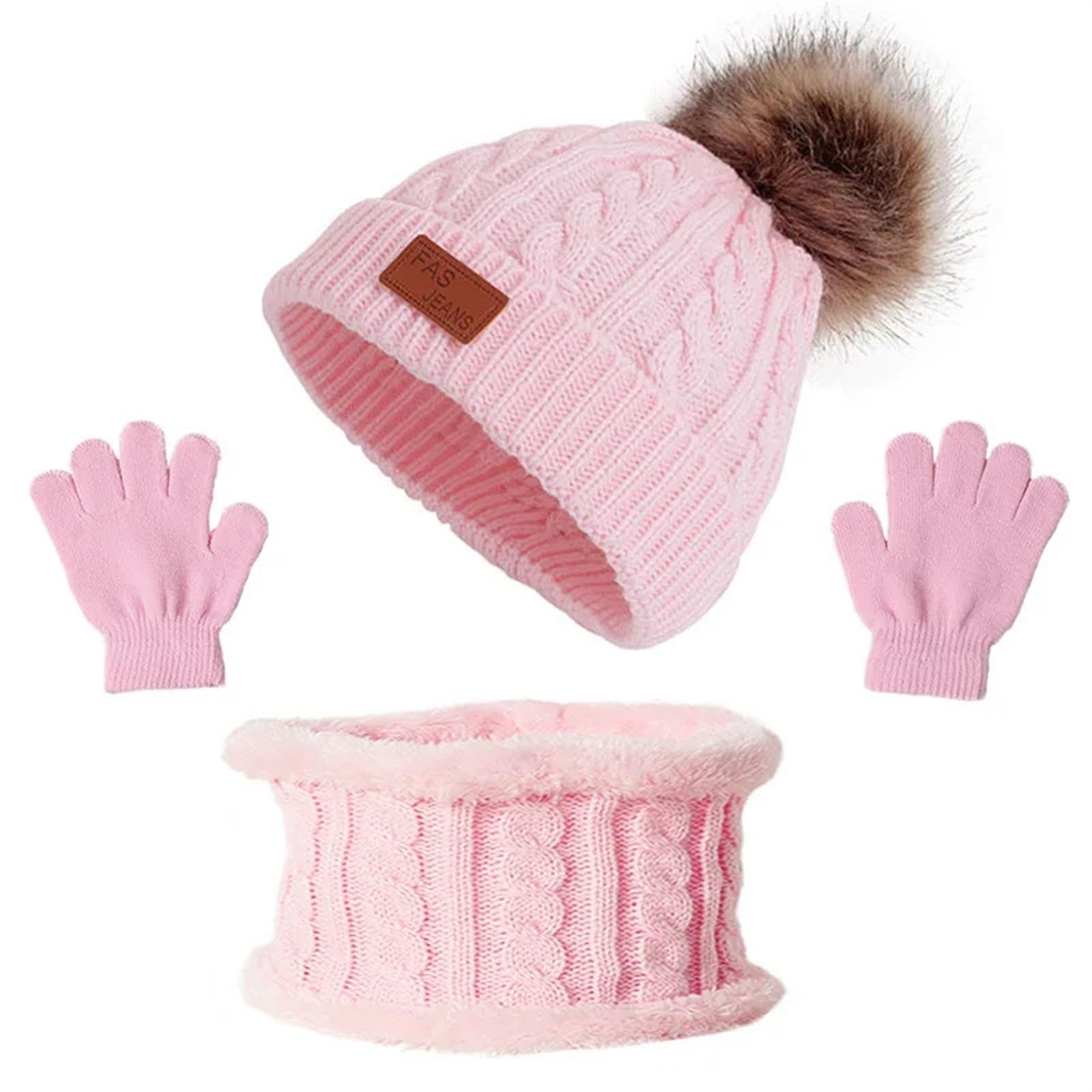 Conjunto de 3 uds. De Gorro de Invierno for bebé, Gorro con pompón for niño, Gorro Tejido Bonito y cálido, Bufanda, Guantes, Traje for niña y niño, Gorro Infantil Informal(Pink Suit)