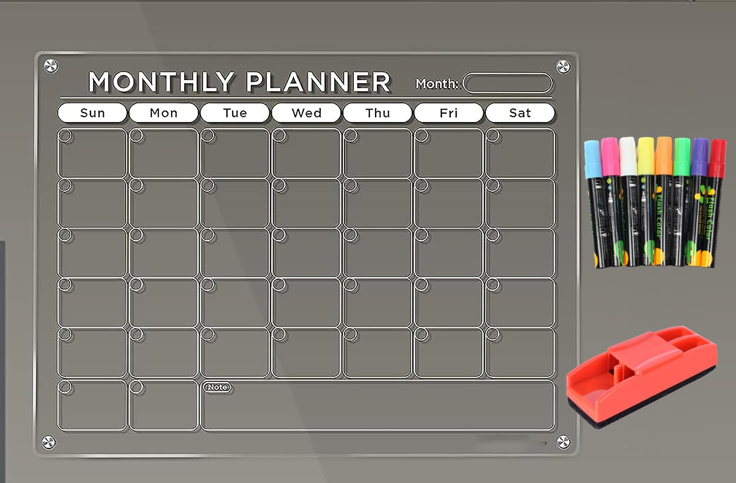 True-Ally Acrylic Glass Clear Calendar for Fridge Magnetic Board Calendar for Refrigerator, Monthly Planner Includes 8 Markers and Magnetic Duster(16"x12"Inches) (Montly Panner + 8 Chalk Marker)