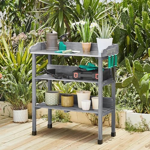 Yaheetech Pflanztisch Outdoor wetterfest, Gärtnertisch 77 x 37 x 90 cm mit verzinkter Arbeitsplatte & 2 Ablagefächer & 3 Haken Blumentisch aus Tannenholz für Garten/Balkon/Terrasse Grau