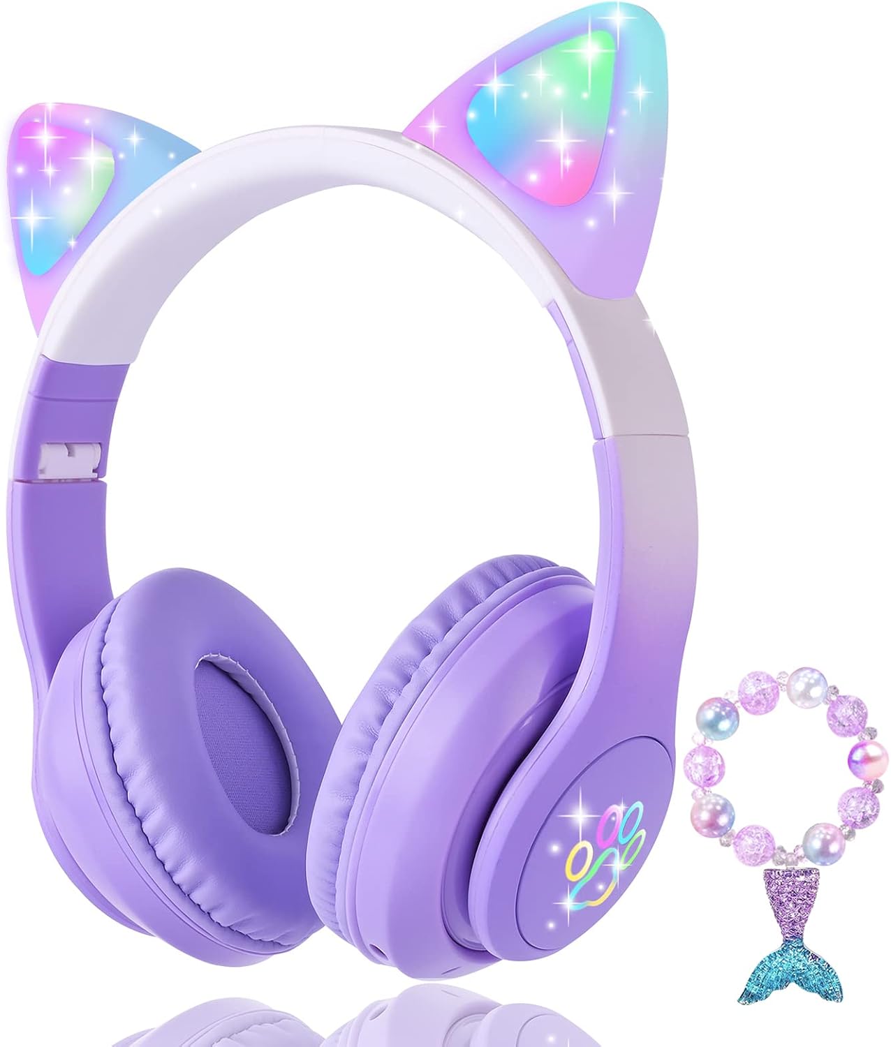 Cat Ear Kids Headphones Bluetooth, LED Light up Wireless/Wired Mode Over Ear Headphones with Build in Microphone for School/Travel (Purple)