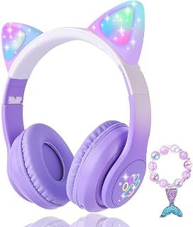 KORABA Cat Ear Kids Headphones Bluetooth, LED Light up Wireless/Wired Mode Over Ear Headphones with Build in Microphone fo Price In India