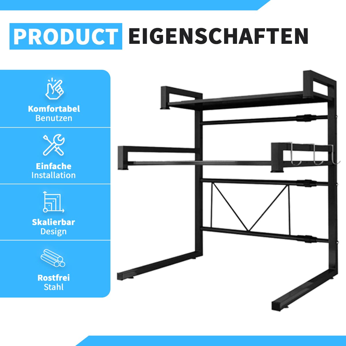 Fleau Home Mikrowellenschrank – Regal für Mikrowelle – Küchenregal – Arbeitsplatten-Organizer – Küchenaufbewahrung – verstellbares Mikrowellenregal – Ofenregal – Metall – Schwarz