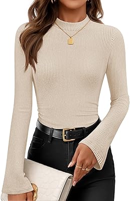 ZESICA Women's Long Sleeve Shirts 2026 Spring Mock Neck Ribbed Slim Fit Tops Basic Tees Dressy Casual Outfits Clothes