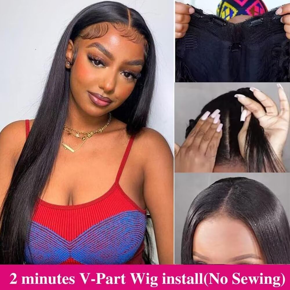 Parrucca Donna Human Hair V Part Straight Wig - 180% Density Glueless Upgrade Wear and Go U Part Capelli Veri Umani - 22 Pollici
