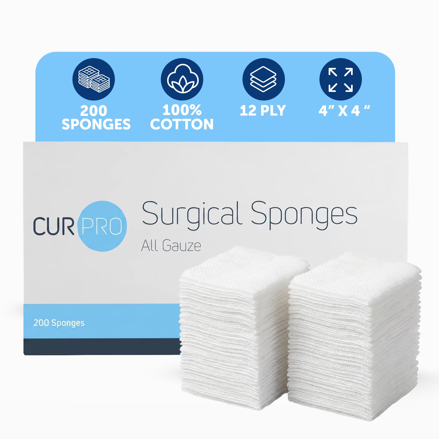 Dynarex Surgical Gauze Sponges, Non-Sterile Pads for General Cleaning and Wound Packing, Made from 100% Absorbent Cotton, 4" x 4," 12-Ply and Latex-Free, 1 Box of 200 Dynarex Surgical Gauze Sponges