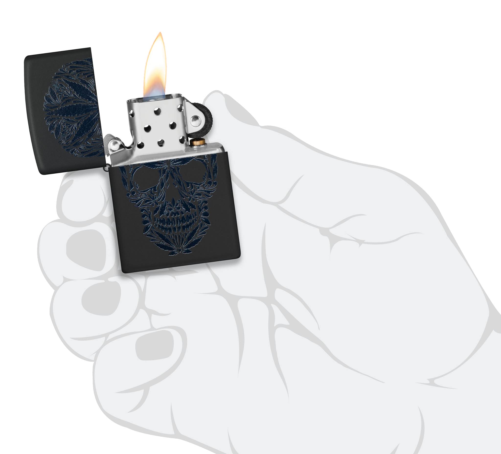 Zippo Sturmfeuerzeug - Modell Cannabis Skull - Black Matte Finish mit Black Light Effekt - Nachfüllbar - Wiederverwendbar - Windfestes Design - Made in USA