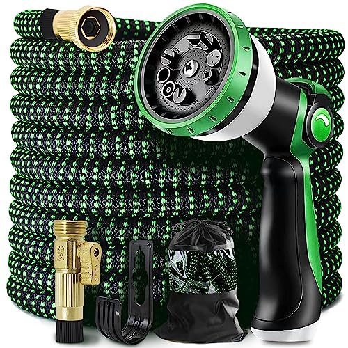 Expandable Garden Hose 100ft Flexible Water Hose, 10 Function Sprayer Nozzle, 3/4 Inch Solid Metal Fittings Lawn Yard Garden Outdoor Hose(Black and Green)