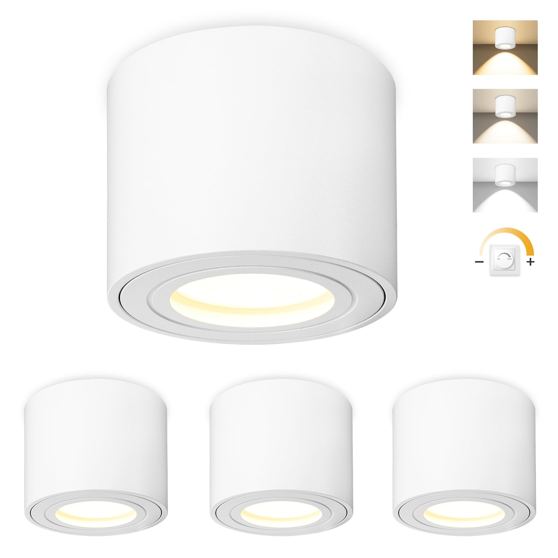 4x Focos LED Interior Techo Blanco, Aplique Techo Interior IP44 Ø80x65mm Plano, Foco 230V Incluye Módulo LED 5W 550LM, 3000K/4000K/6500K Dimmable, Aluminio,Foco para Baño