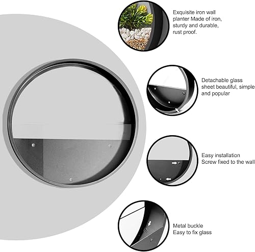 Miniatura 2 de VEVLU Juego de 3 macetas de pared, modernas macetas redondas de vidrio para suculentas, maceta circular colgante de hierro para hierbas, cactus