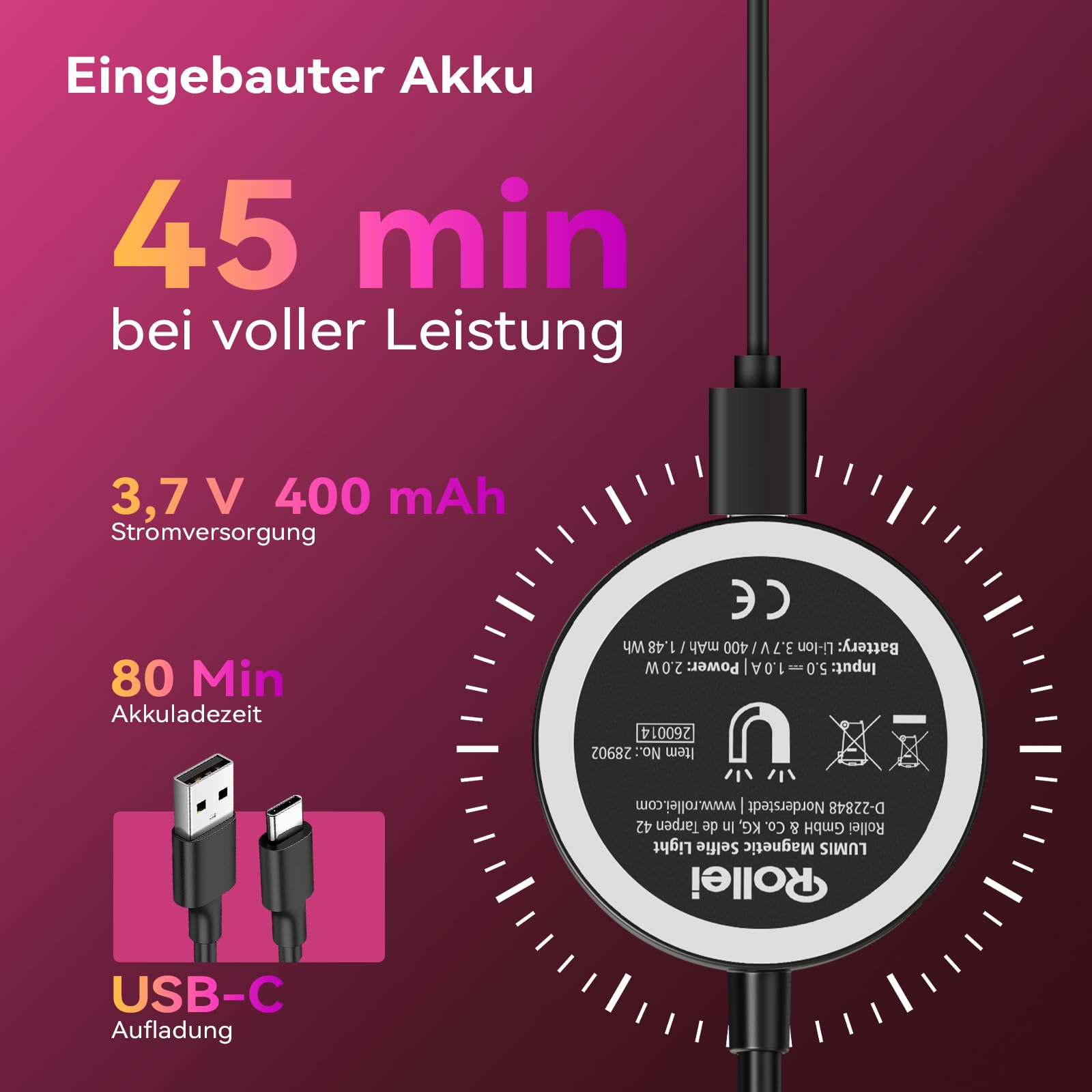 Ringlicht Handy, Rollei Magnetische Selfie Light Kompatibel mit iPhone Android Smartphone Tablet Laptop, Klein Flexible Licht für Streaming TikTok Webcam Zoom Vlog, Selfie-Licht-Handy-Led-Ringlicht