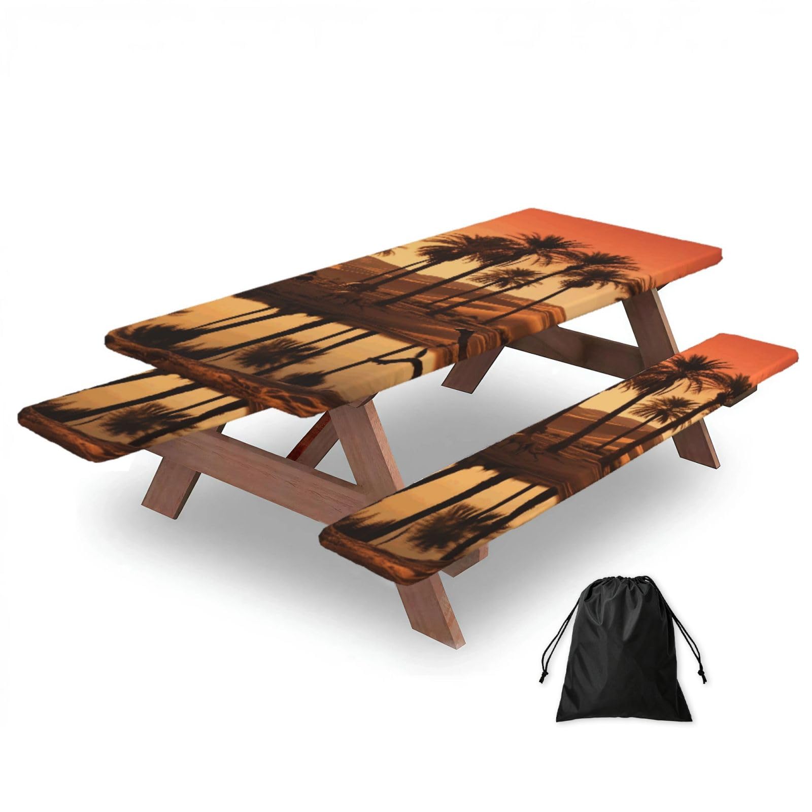 FekiLoot Plam Tree and Sunset Picnic Table Cover with Bench Covers and Bag, Windproof Waterproof Rectangle Tablecloth with Elastic Edges Fitted Camping Table Covers for Picnic Party Travel