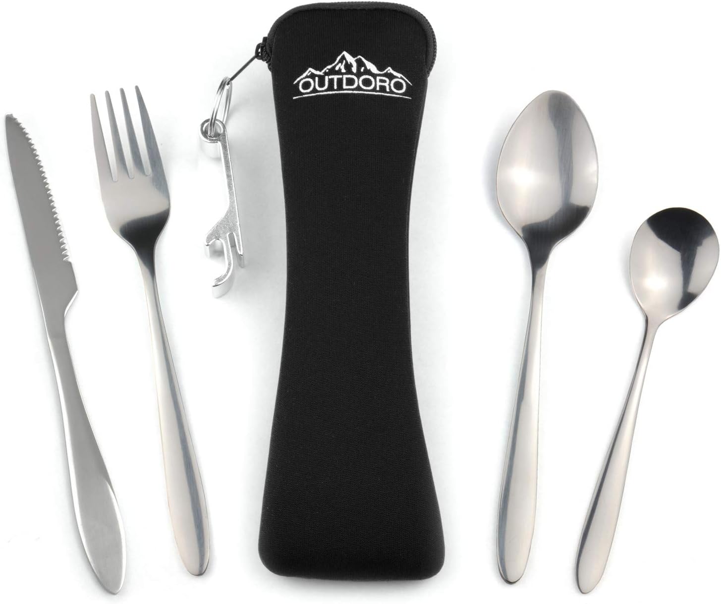 Outdoro camping cutlery and travel utensils, made of stainless steel with a neoprene pouch, ideal cutlery set for outdoor and travel, black