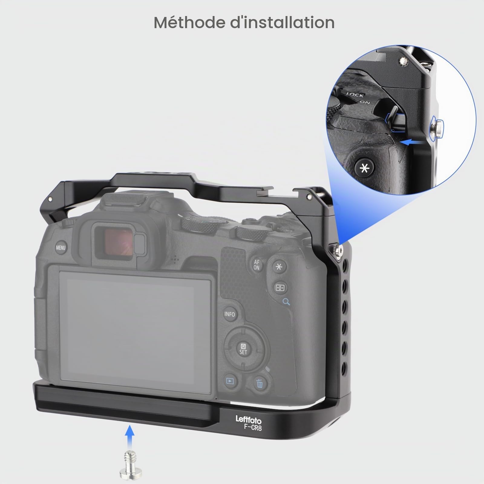 LEFTFOTO Cage pour appareil photo Canon R8 – Cadre de protection pour EOS R8 avec base Arca, griffe, fente de sangle, trous de vis 6,35 mm, compatibilité avec stabilisateur DJI RS - pour prise de vue