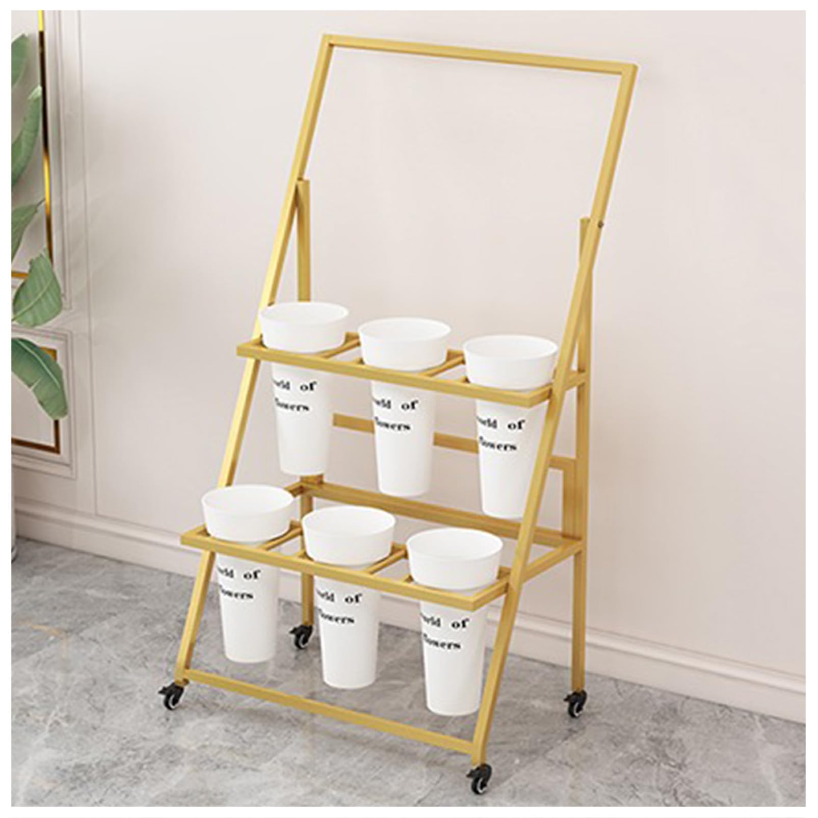 YUANCHUTOP Heavy-Duty Mobile Plant Stand - Metal Flower Display Cart with Plastic Buckets, Wrought Iron Shelf for Fresh Flowers, Garden Events, Floral Shops & Home Decor
