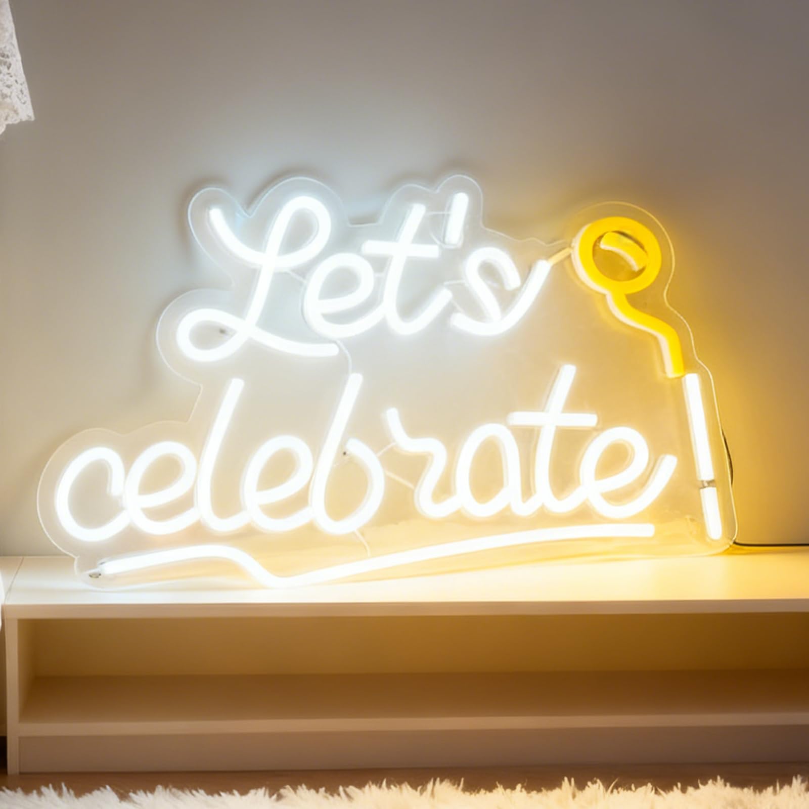 Lets Celebrate White LED Neon Sign, USB Powered Dimmable Decorative Neon Light Home Party Birthday Holiday Gathering Living Room Event Celebration Wall Table Decor 16.5 x 9.8 In