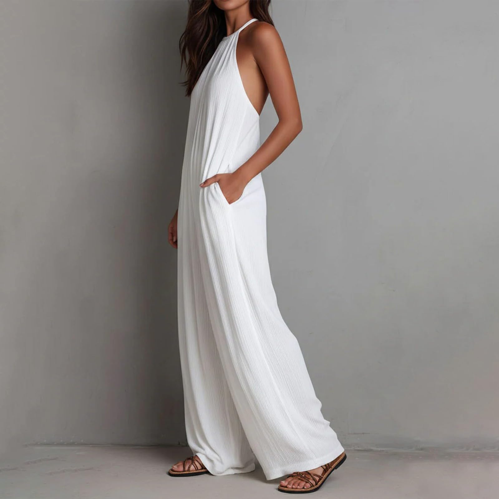 Traje de pantalón para mujer, elegante, festivo, con cuello halter y