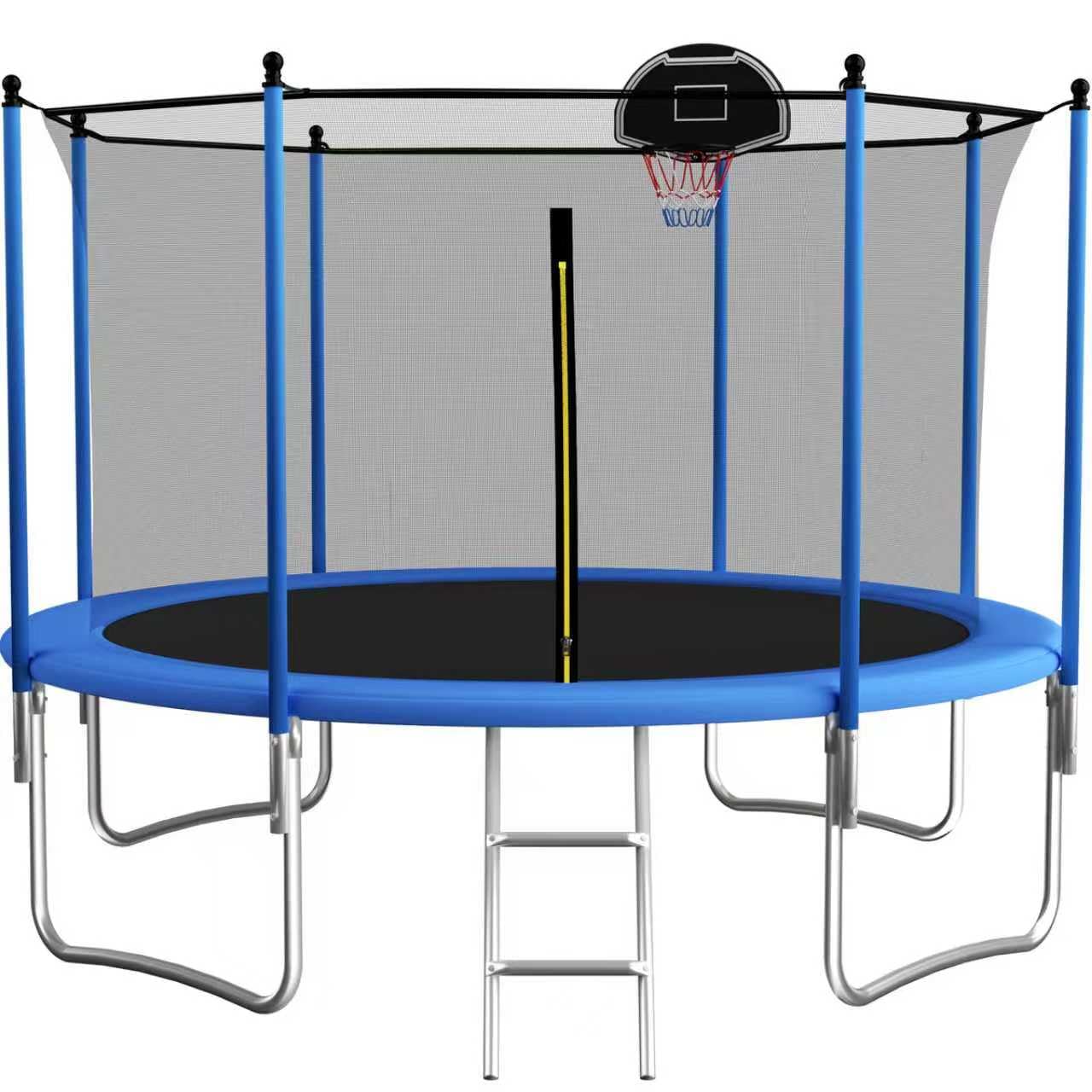 Trampolina zewnętrzna 305 cm dla ogrodu, okrągła trampolina z siatką bezpieczeństwa, wbudowaną tablicą koszykówki i drabinką, stabilna konstrukcja dla dzieci i młodzieży
