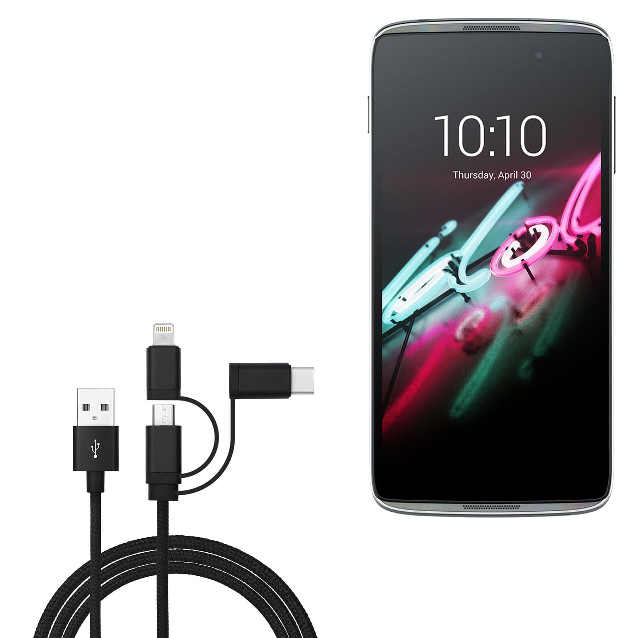 BoxWave Cavo compatibile con OneTouch Idol 3 (4.7) - Cavo AllCharge 3 in 1 - Jet Black