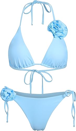 Miniatura 6 de ZAFUL Conjunto de bikini rosa 3D para mujer, dos piezas, con lazo en la espalda, halter atrevido traje de baño
