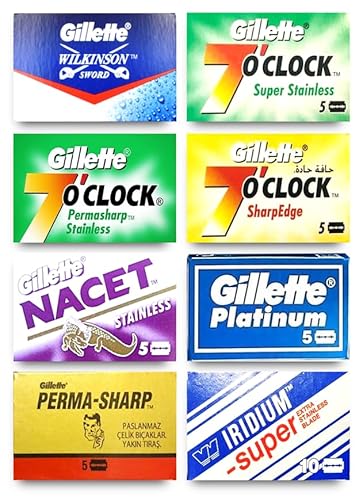 Premium Razor Blades Assortment: Gillette WiIkinson, Wizamet, Platinum New, 7 o' Clock, Permasharp, Nacet - 50 Blades