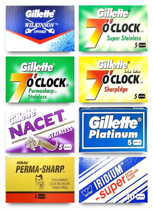 Premium Razor Blades Assortment: Gillette WiIkinson, Wizamet, Platinum New, 7 o' Clock, Permasharp, Nacet - 50 Blades