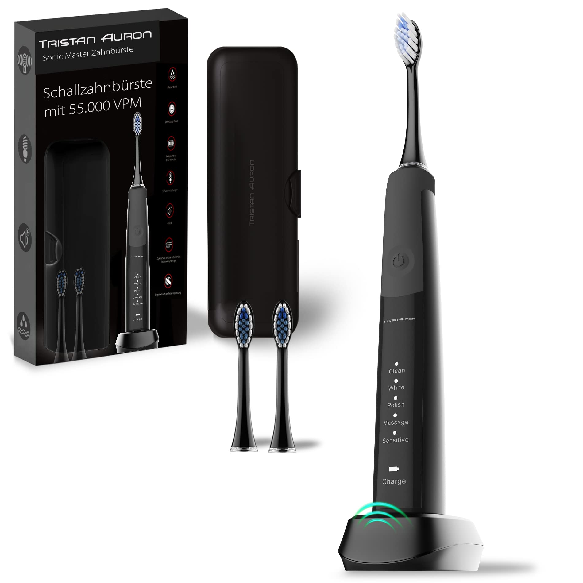 Tristan AuronSonicMaster Sonic Toothbrush with 55,000 Vibrations - 60 Days Battery - 5 Cleaning Modes - 2 Min. Timer + Travel Case and 2 Brush Heads - Electric Toothbrush SonicMaster (Black)