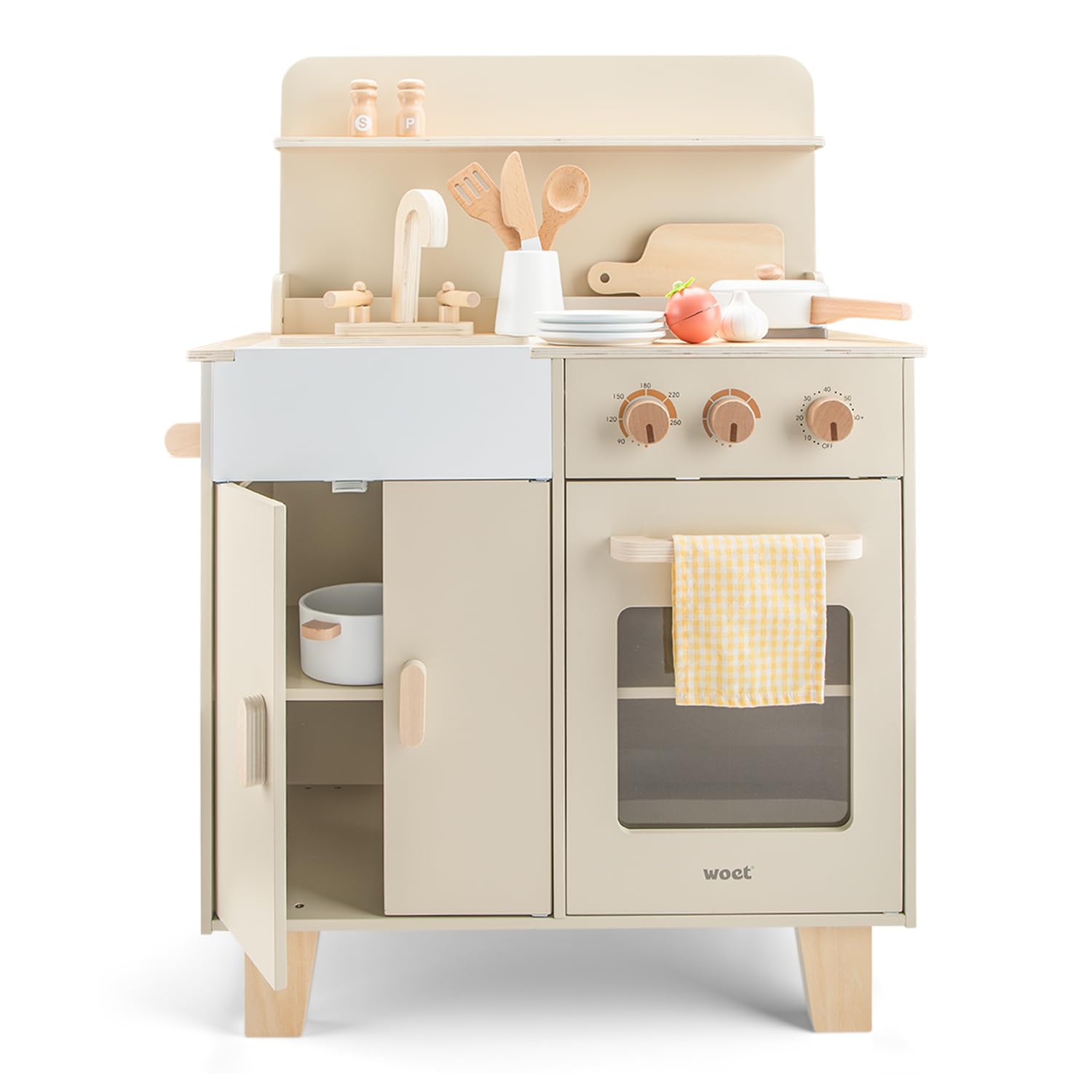 Woet® Cuisine Jouet Beige en Bois pour Enfants - avec Four, Évier et Accessoires - Set de Cuisine d’Imitation - À Partir de 3 Ans (Beige)