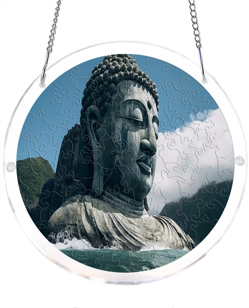 Buddha Statue Mountain Landscape Acrylic Jigsaw Puzzles Suncatcher, 7.4 Inch Window Hanging Suncatcher Acrylic Puzzle, DIY Home Decor Art Gift