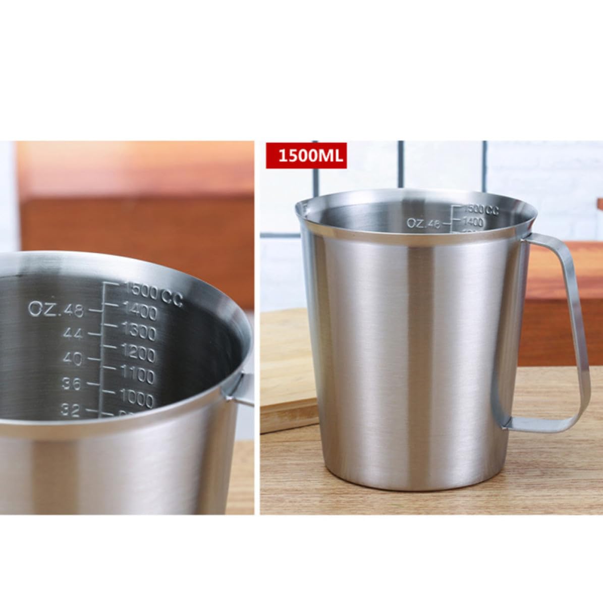 Taza Medidora con Asa de Acero Inoxidable 304 de 1500 Ml Resistente Oxidación, Adecuado para Hornear y Preparar Café o Té con Leche