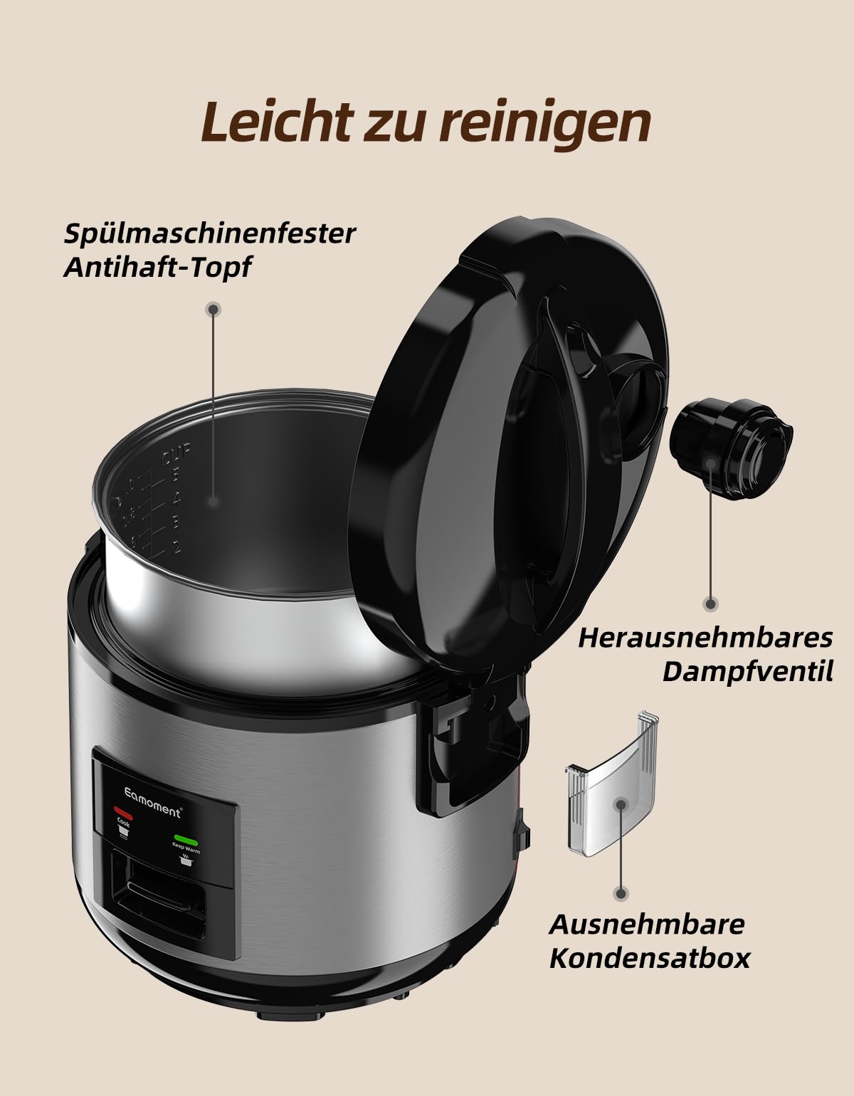 Reiskocher, 1L Elektrischer Dampfgarer mit Antihaftbeschichtung, für 1-5 Personen, schnelle Zubereitung ohne Anbrennen, mit Warmhaltefunktion, Dämpfeinsatz, Reislöffel und Messbecher