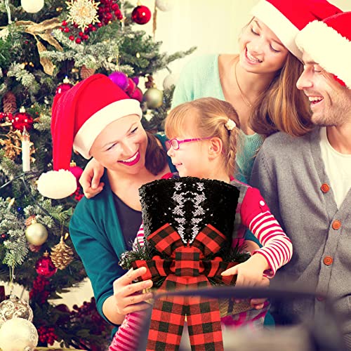 Whaline Christmas Tree Topper Hat Black Shiny Sequins Hat With Red Buffalo Plaids Bow 10.2 X 8.3 Inch Rustic Farmhouse Xmas Tree Top Ornament For Christmas Party Winter Holiday Indoor Outdoor Decor #TOP3