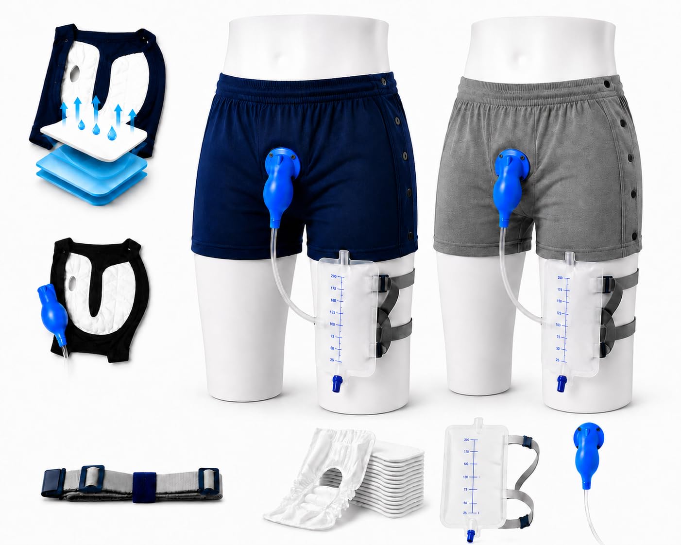 Men's Incontinence Underwear Kit with External Catheter, LeakGuard Pads &amp; 1L Urine Collection Bag | 2 Washable Snap-Fit Briefs | Dual Protection for Bladder Leaks