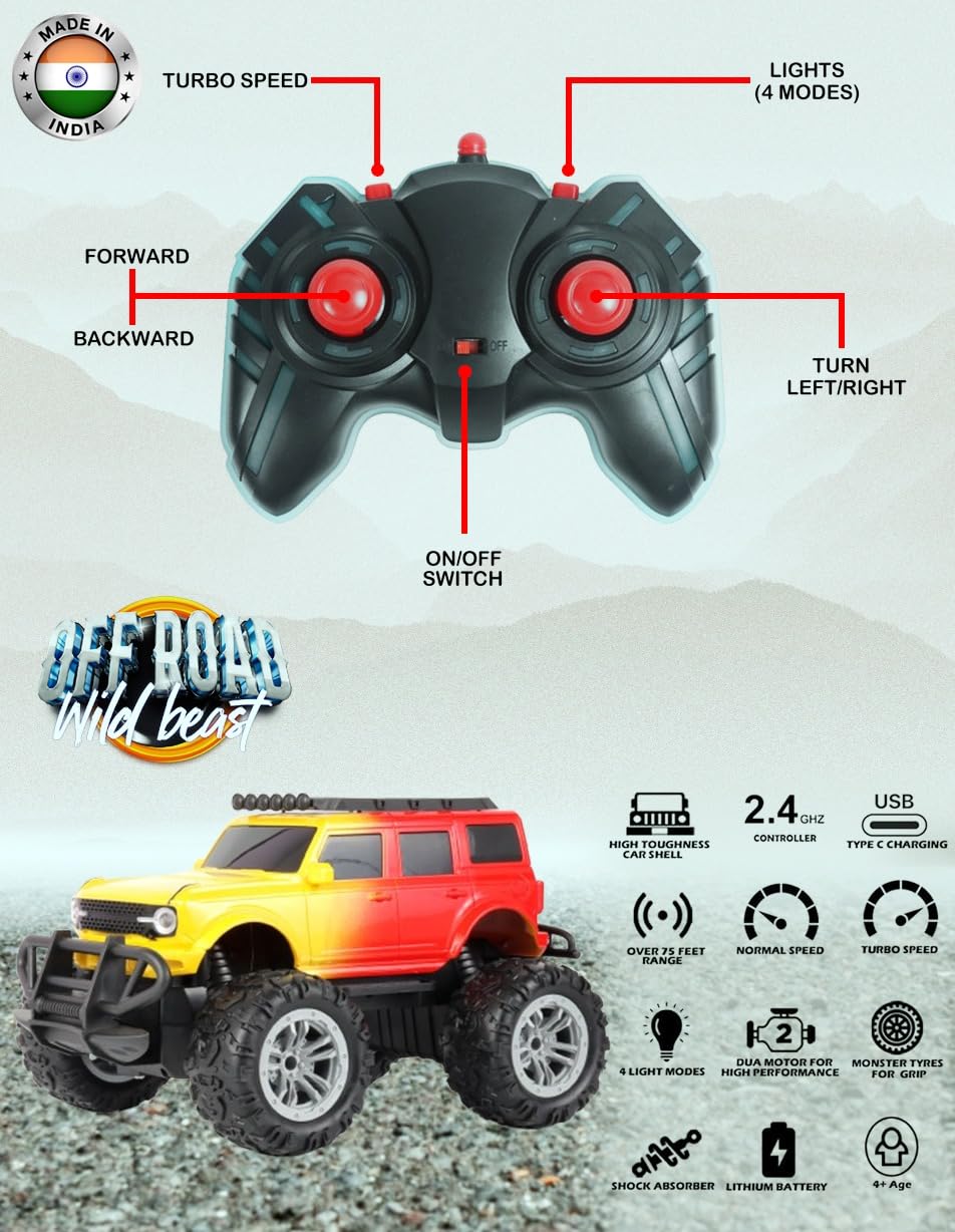 Diwali Sale Amazon Brand - Jam &Amp; Honey Off Roader Rechargeable Remote Control Car | Rc Car Monster Truck |4 Headlight Modes | In-Built Lithium Battery | C-Type Charging | Made In India-Yellow&Amp;Red 1 Diwali Sale Amazon Brand - Jam &Amp; Honey Off Roader Rechargeable Remote Control Car | Rc Car Monster Truck |4 Headlight Modes | In-Built Lithium Battery | C-Type Charging | Made In India-Yellow&Amp;Red