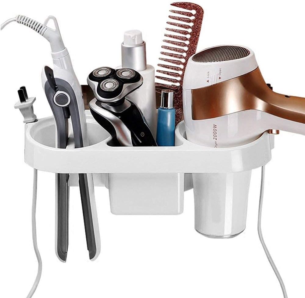 Adhesive Hair Dryer Holder, Wall Mounted No Drilling Plastic Bathroom Blow Drier Storage with Plug Hook, Hair Care Tools Organizer Basket with Cups for Curling Flat Straight Hot Iron