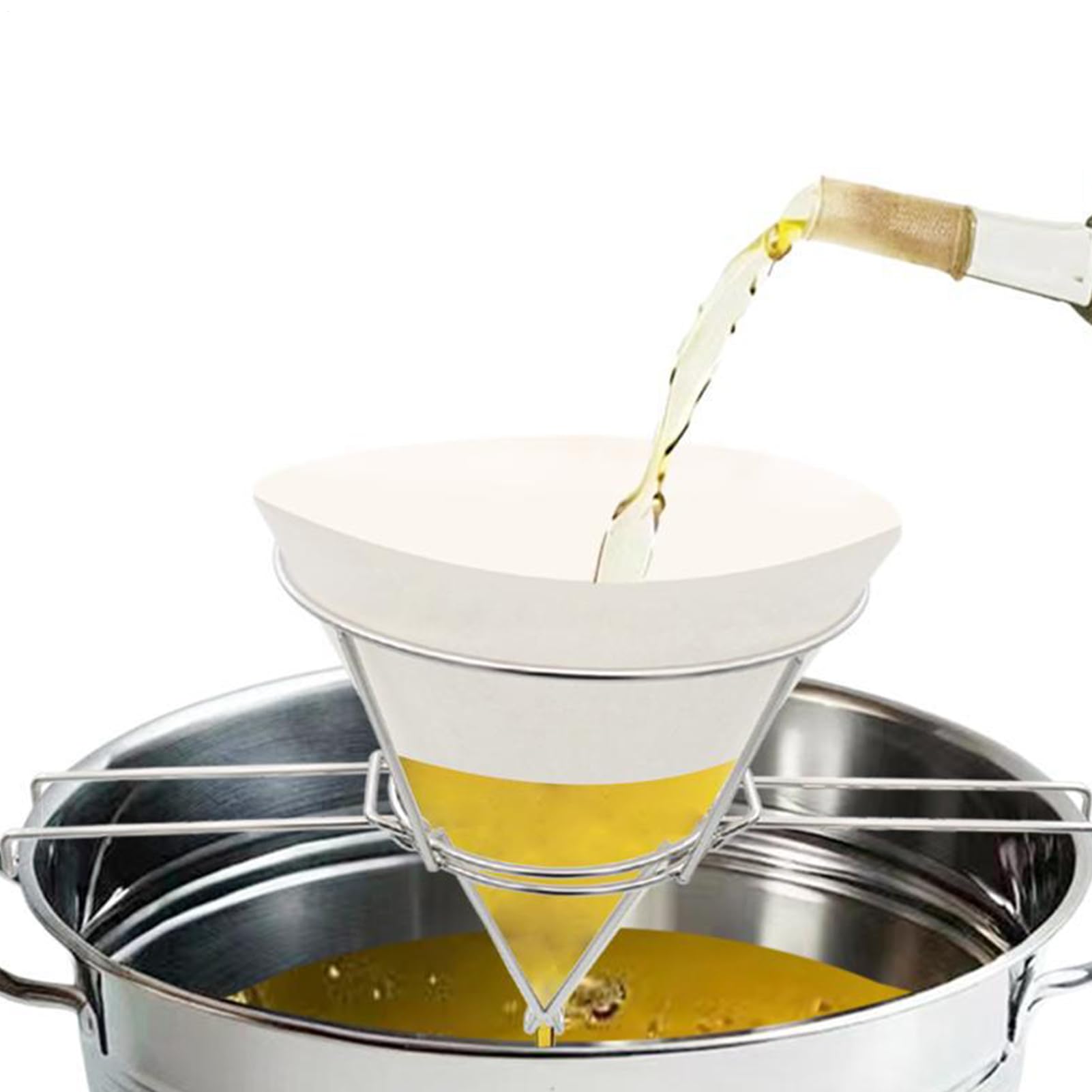 Supporto Filtro Liquidi Alimentari | Portafiltro per Olio da Cucina - Rack in Acciaio Inox Design Compatto con Bracci Pieghevoli per Filtrazione Domestica