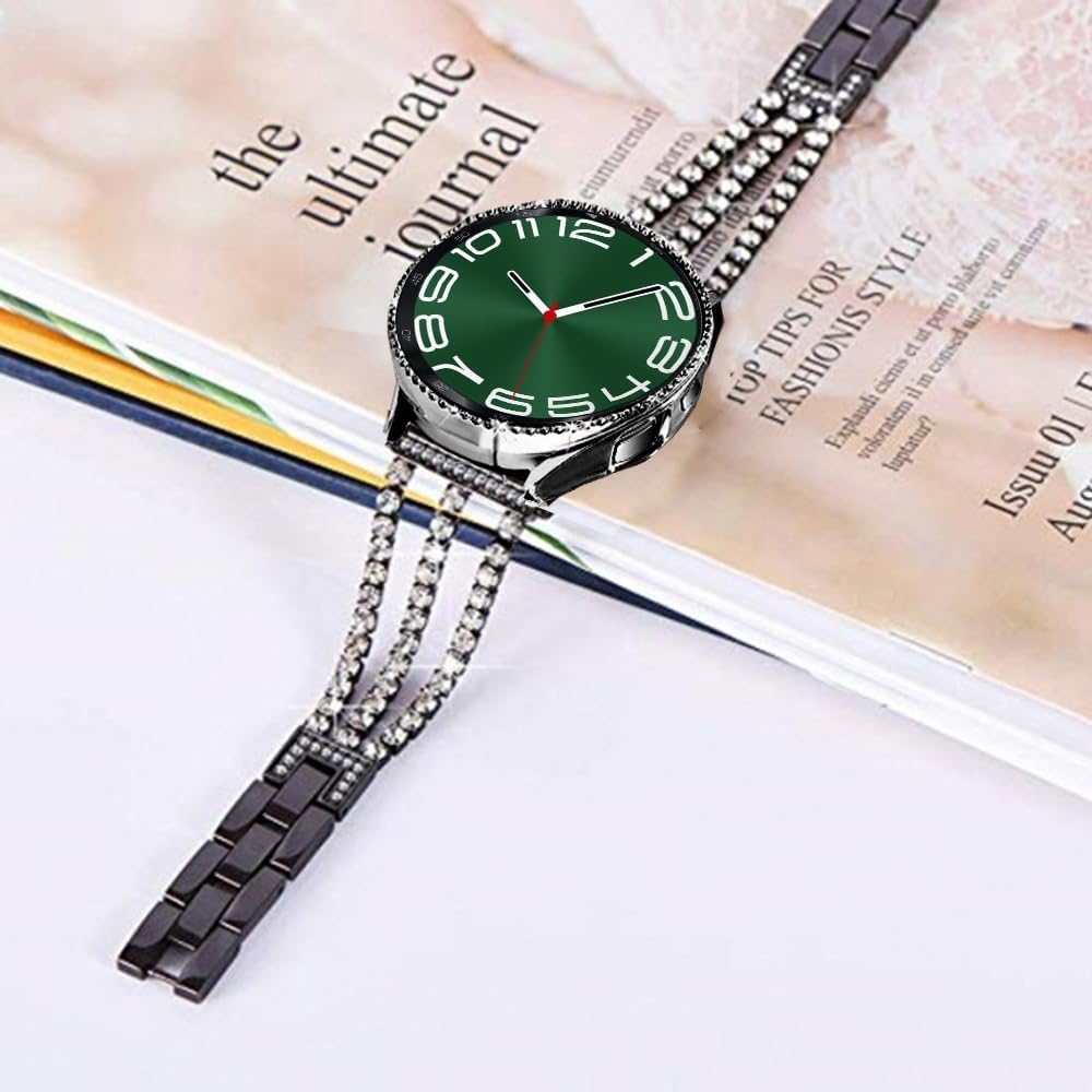 Bands Compatible with Samsung Galaxy Watch 6 40mm 44mm / Galaxy 6 Classic 43mm 47mm, 20mm Thin Bling Rhinestone Metal Strap with Diamond protective case Replacement for Women Men (Black) - Image 3