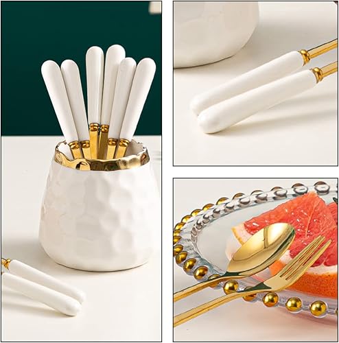 Miniatura 7 de Fvstar Juego de vajilla de acero inoxidable para café, cuchara de postre, tenedor de postre, tarro de cerámica con 4 tenedores y 4 cucharas, juego