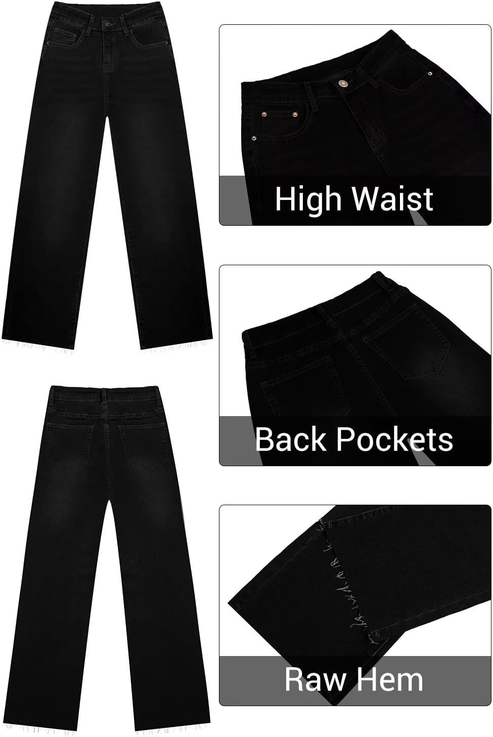 KDF Straight Leg Jeans for Women High Waisted Jeans Frayed Baggy Pants Raw Hem Loose Stretchy Cropped Wide Leg Jeans