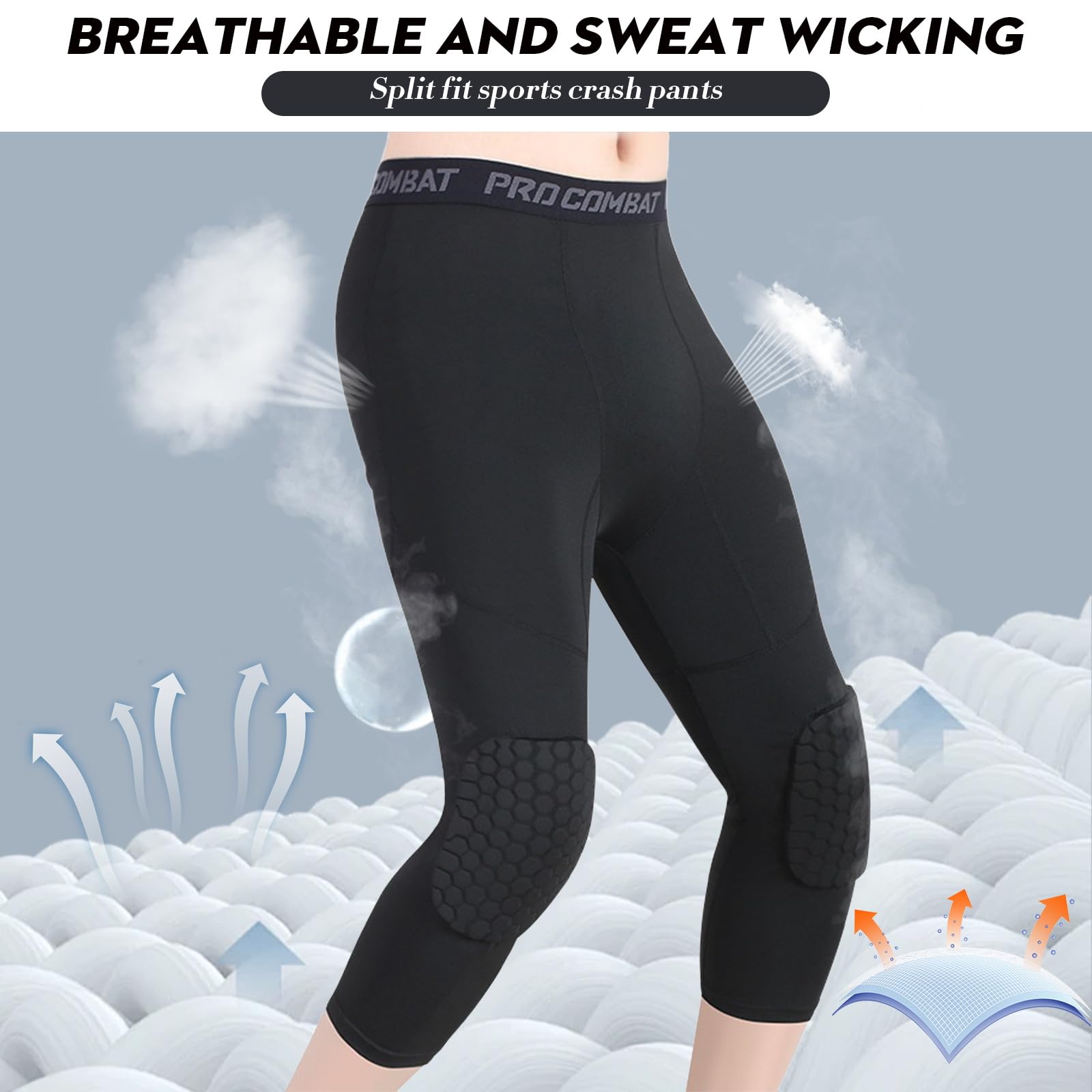 HULG Pantaloni Imbottiti con Ginocchiere Pantaloni A Compressione 3/4 Capri per Basket, Calcio, Baseball, Taglie Giovani E Adult