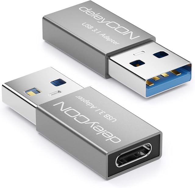 deleyCON Adapter USB C do USB [2 Sztuki] Gniazdo C do Wtyku A USB 3.1-Adapter 5 Gbit/s - do PC Komputera Laptopa Notebooka Aluminium Srebro