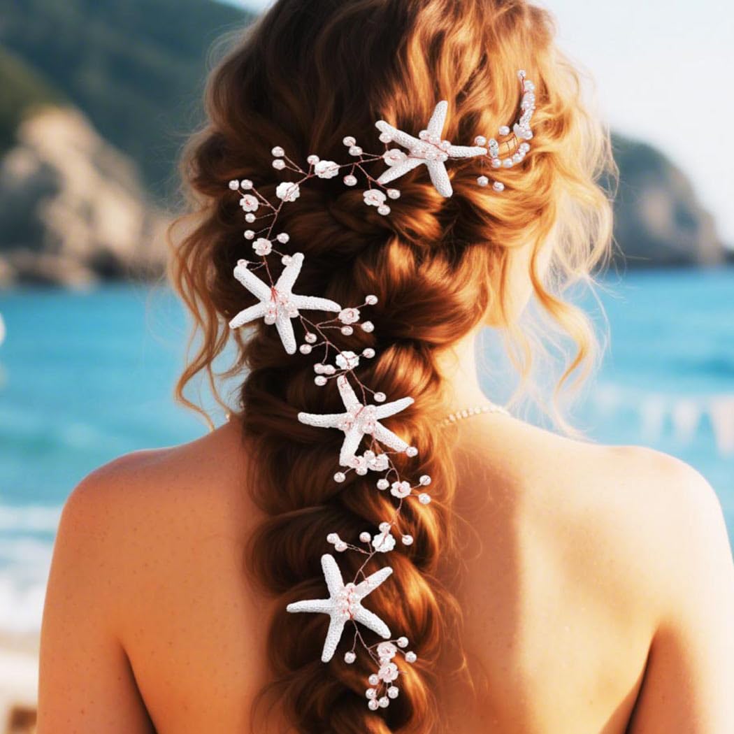Atigy Starfish Wedding Hair Vine Silver Pearl Bridal Headpiece Mermaid Beach Hair Accessories for Women (Rose gold, One Size)