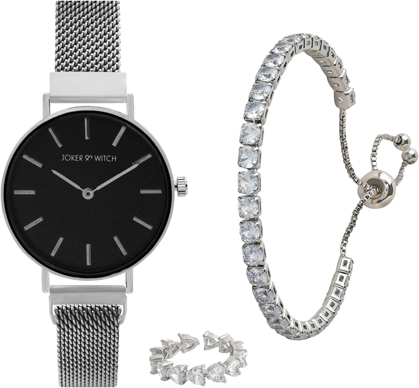 Joker & Witch Stainless Steel Women Xyla Love Triangle Analogue Watch, Black Dial, Silver Band