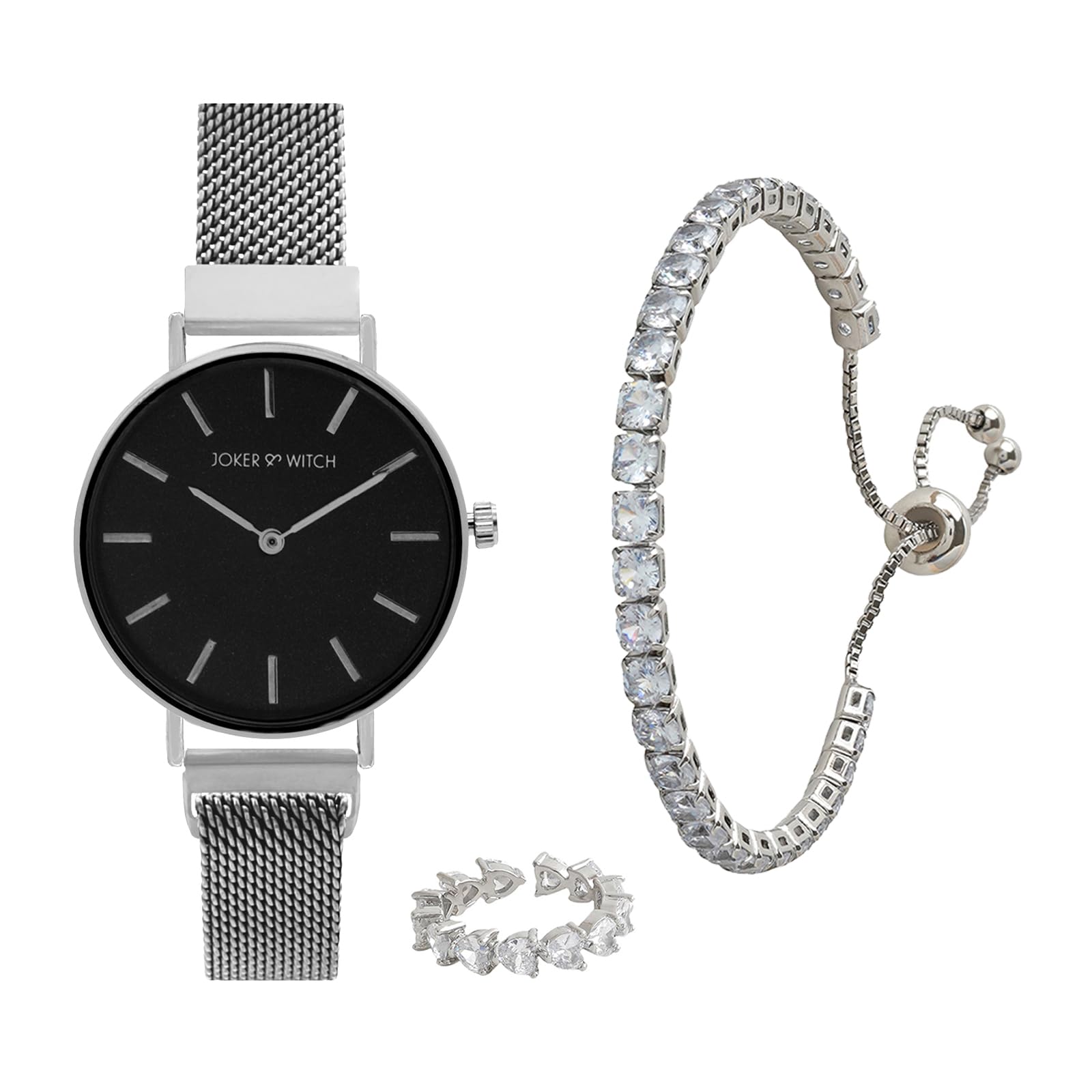 Joker & Witch Stainless Steel Women Xyla Love Triangle Analogue Watch, Black Dial, Silver Band