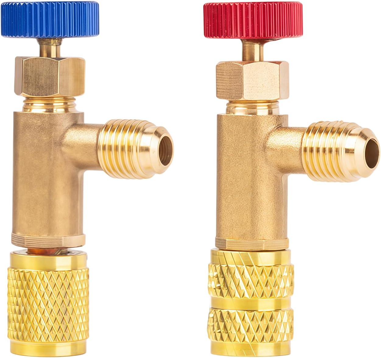 2Pcs Refrigerant Charging Safety Valve Set, Brass Low Loss HVAC Fittings,1/4" & 5/16" Safety Adapter Flow Control Ball Valve,R12 R22 R410 Air Conditioner Manifold Maintenance Tools for Home AC